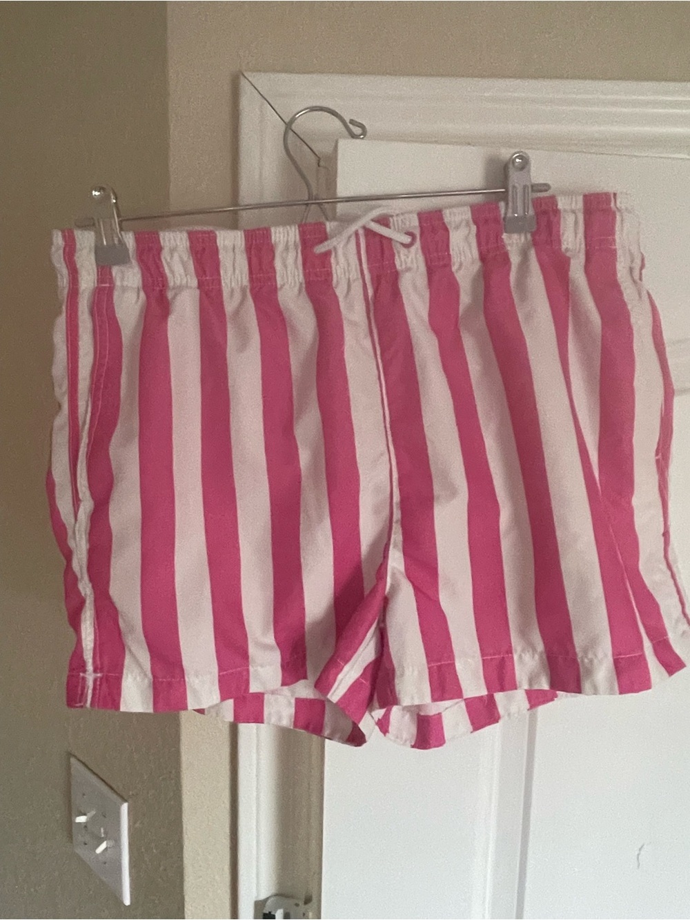 Pink and White Striped Elastic Waist swim trunks Shorts